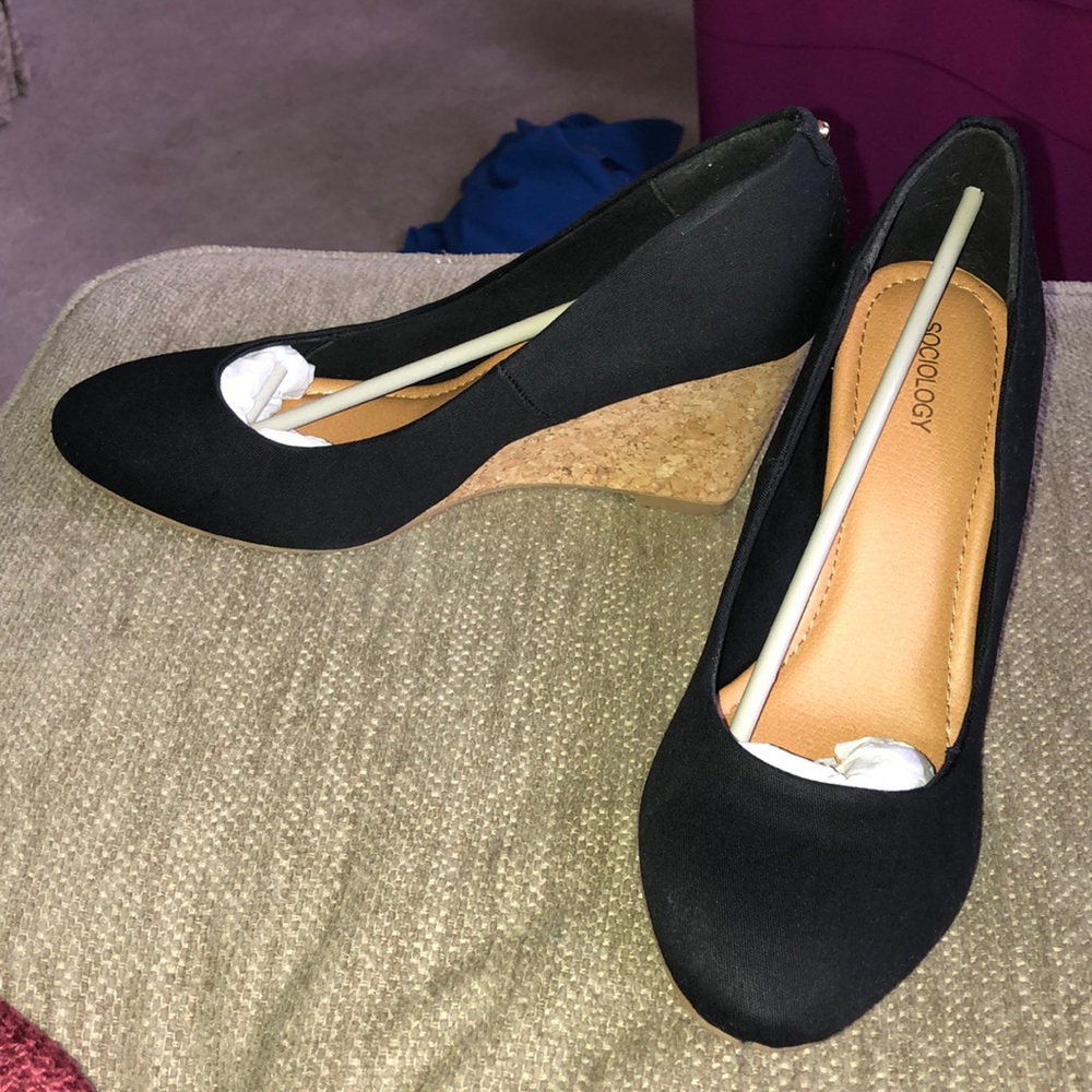 Cork Heel Black Wedges/Espadrilles